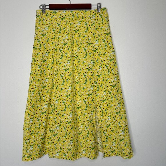 Ann Taylor Loft Midi Skirt Linen Blend Yellow Floral Slit Size 6 - Picture 1 of 10